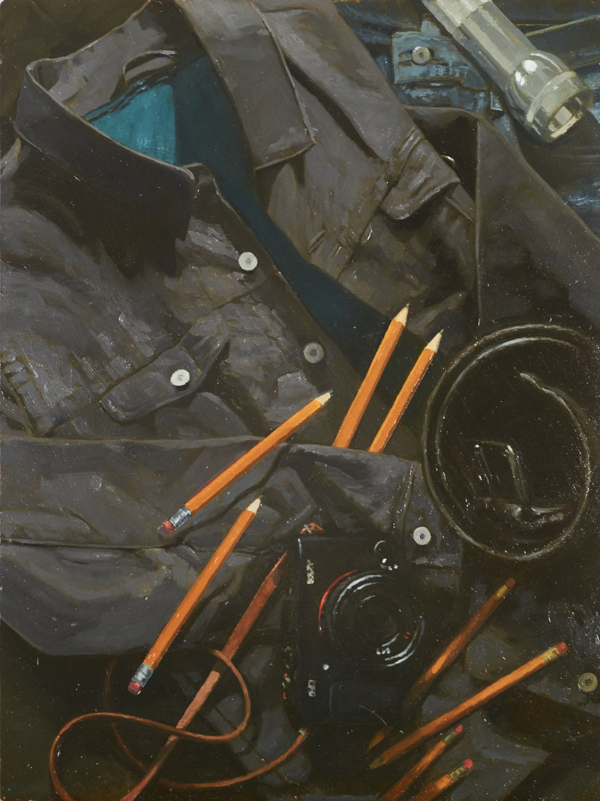 oil painting of a objects spread around a flat surface, including a jacket, pencils, flashlight, and a camera