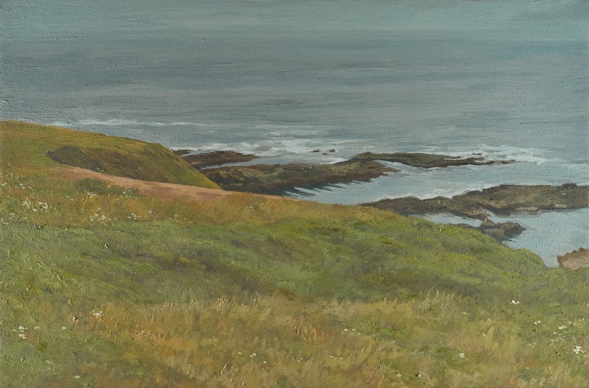 oil painting of grassy coastline overlooking hazy ocean