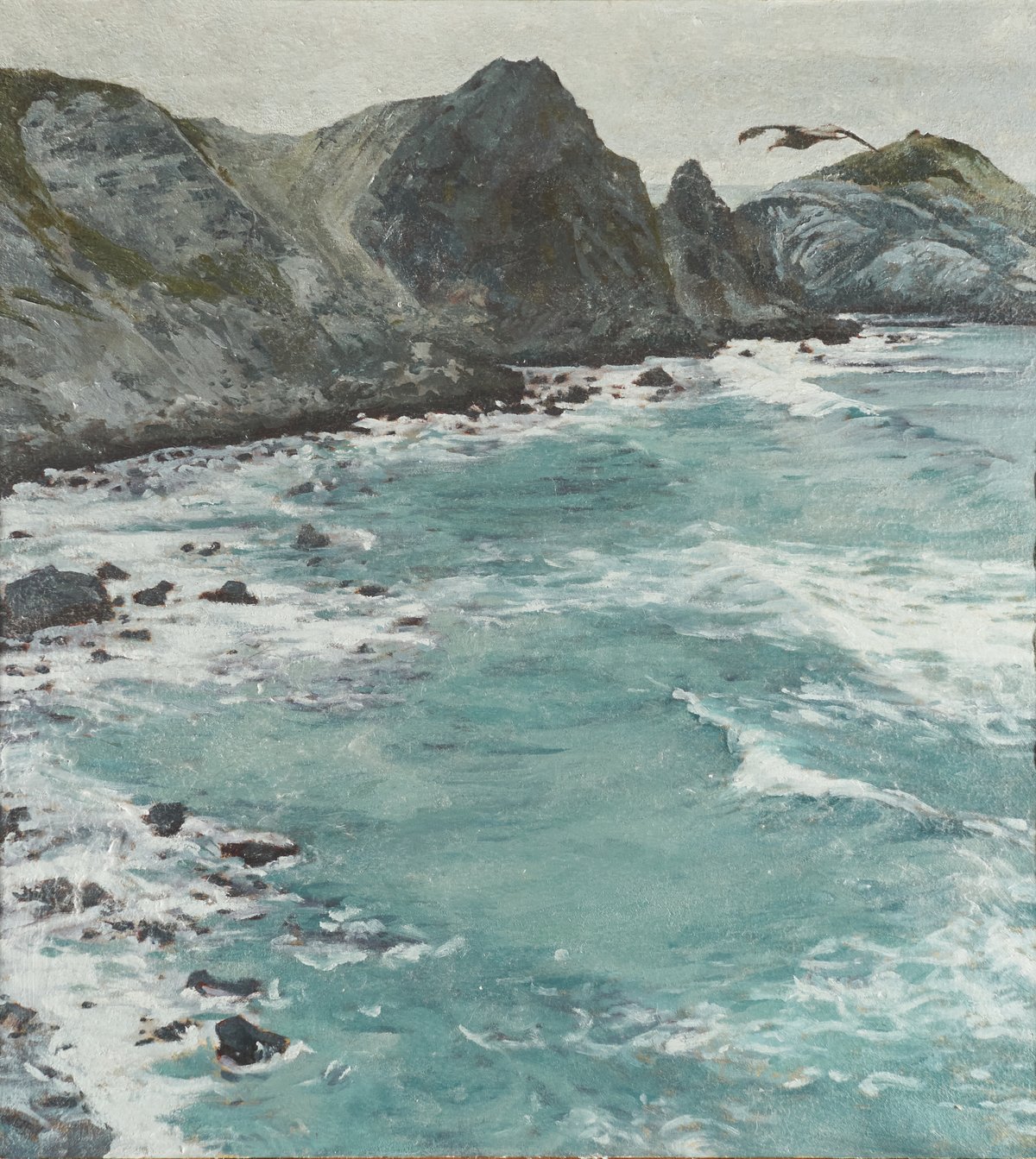 oil painting of overcast day looking at rocky coastline and a flying seagul